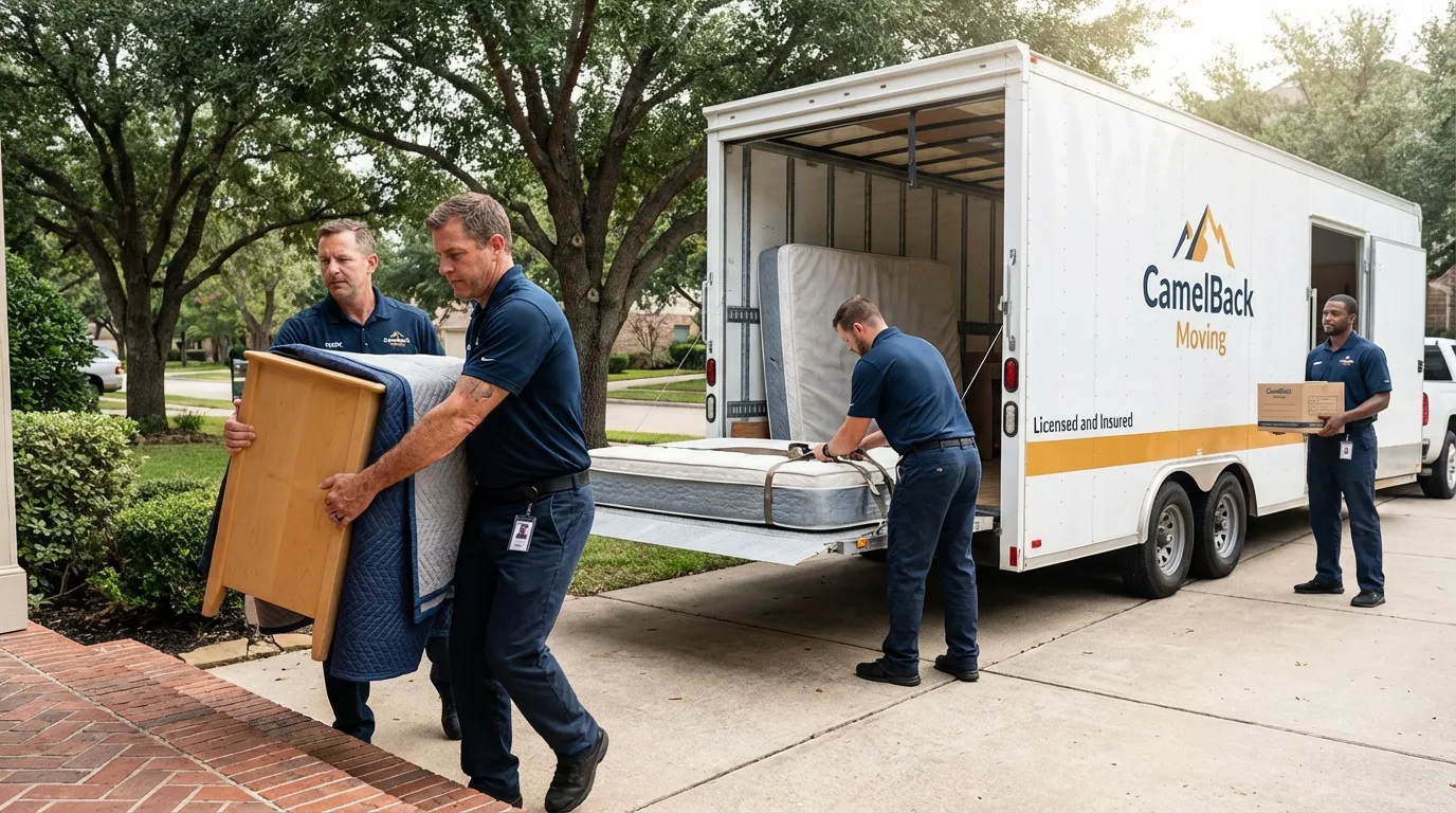 Crew loading residential truck for cross-state move from Daleville, IN