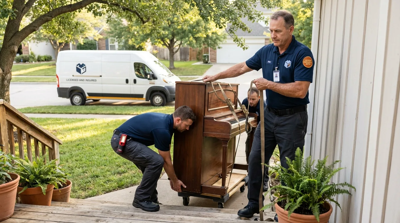 Licensed piano movers securing grand piano in Daleville, IN