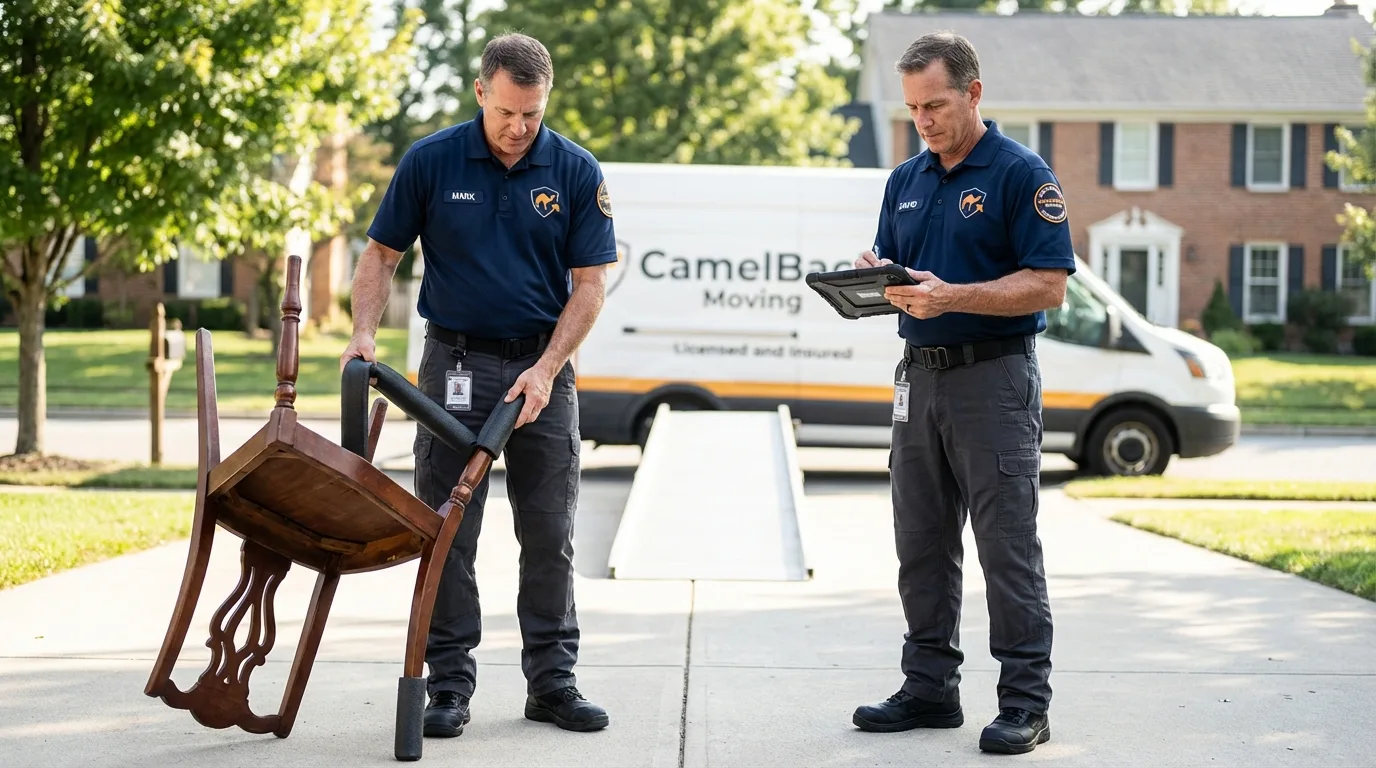 Movers inspecting furniture for damage prevention before loading in Daleville, IN
