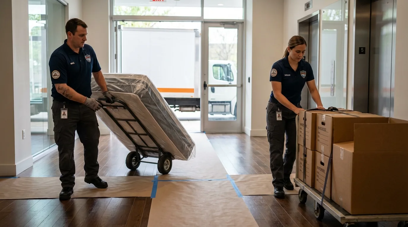 Professional apartment movers loading elevator in Daleville, IN