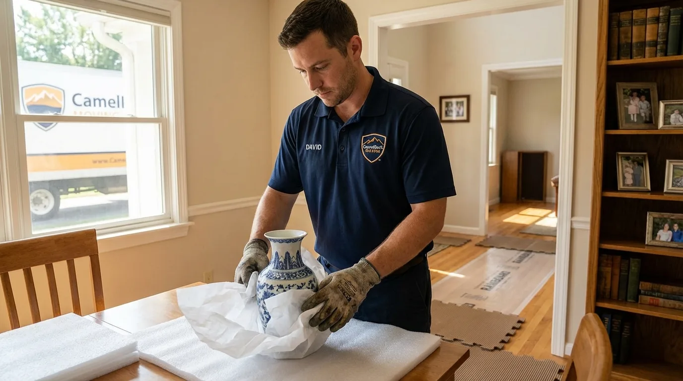 Professional crew carefully wrapping antique vase for senior downsizing move in Daleville, IN